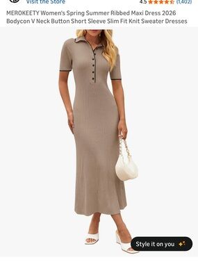 Amazon Ribbed Polo Maxi Dress in Taupe with Black Trim